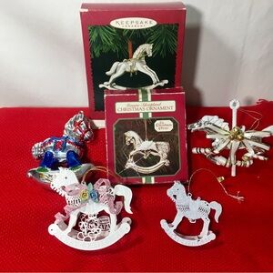 Vintage Silver Tone & White Rocking Carousel Horse Christmas Ornaments - Lot / 7